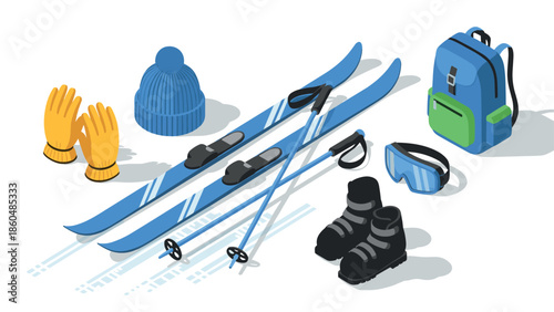 Isometric winter sports gear set with skis and accessories