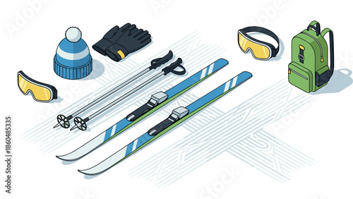 Essential winter sports gear: ski equipment isometric composition