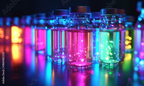 Radiant vaccine vials glowing with cool colors, representing medical innovation and hope.