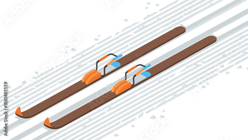 Isometric ski equipment on snowy trail: winter sports essentials