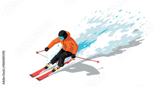 Dynamic skiing action with speed and motion in flat style