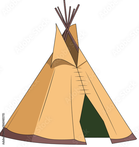 Native American teepee illustration, traditional tipi tent, indigenous culture dwelling, camping shelter design, cartoon vector, isolated white background, artwork, icon