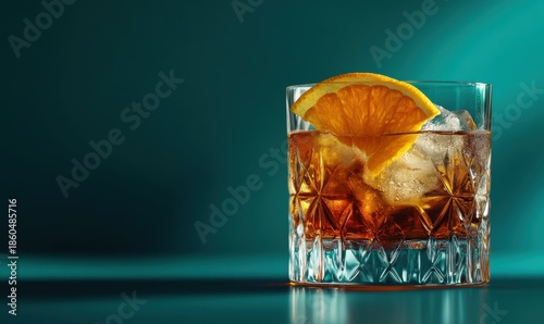Refreshing orange cocktail in a stylish glass, garnished with a slice of orange and served against a teal background for a lively summer drink,
