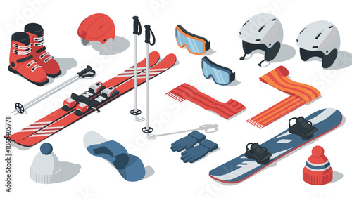 Winter sports equipment isometric set: skis, snowboards, gear collection