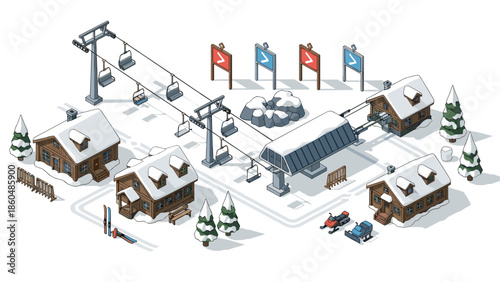Isometric snowy ski resort with chalets and lift in winter landscape