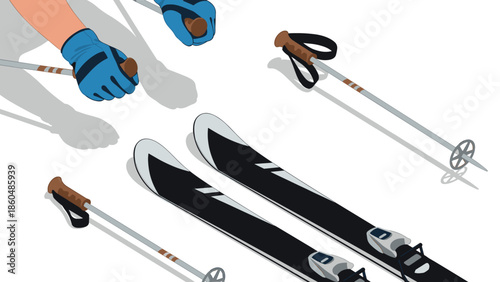 Modern skiing equipment design with skis and poles in dynamic illustration