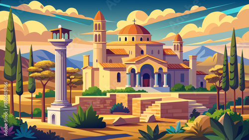 Very beautiful view of Panagia Chrysopolitissa Basilica in Paphos, Cyprus, featuring ancient stone ruins, historic columns, and a peaceful archaeological atmosphere.