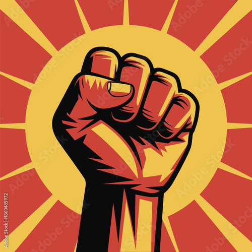 Raised, clenched fist illustration symbol of power protest revolution freedom strength activism vector poster design bold retro graphic art