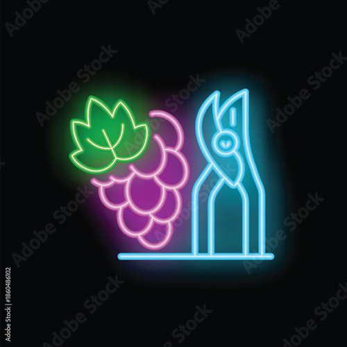 Colorful neon sign representing gardening scissors cutting grapes, perfect for illustrating winemaking process