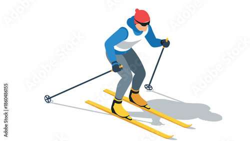 Isometric skier in action with winter gear and vibrant colors