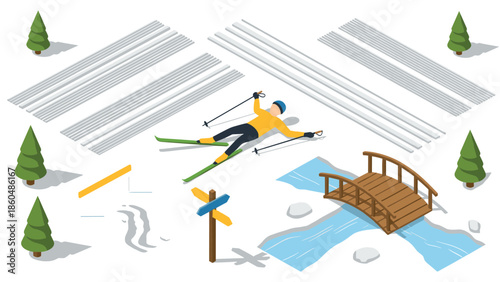 Isometric winter sports scene: skiing, snowy landscape, trees, and bridge