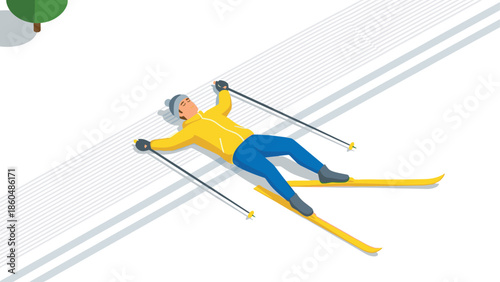 Isometric winter sport enthusiast resting on snowy slope after skiing adventure