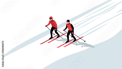 Two skiers in motion gliding down snowy slope in isometric winter scene