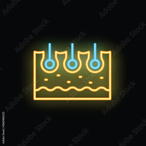Neon icon representing skin layers with hair follicles, ideal for beauty and skincare marketing