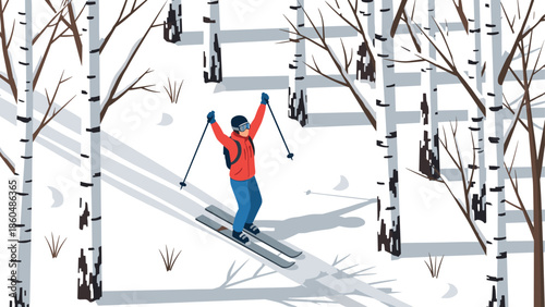 Winter adventure: skier navigates birch forest in isometric style winter scene