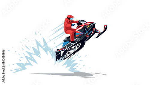 Thrilling snowmobile jump with rider in red gear and helmet on white background