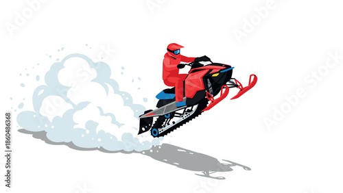 Snowmobile rider in action with dramatic snow trail on white background