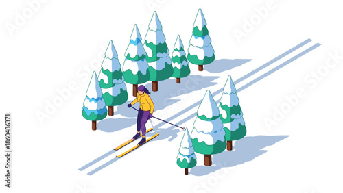 Isometric winter scene with skier in snowy forest