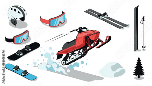 Winter sports equipment with snowmobile, skis, and snowboards in isometric style