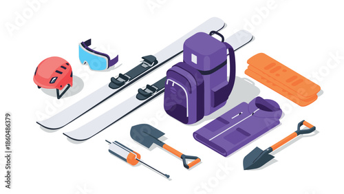 Isometric winter sports gear with skis, backpack, and safety equipment on white background