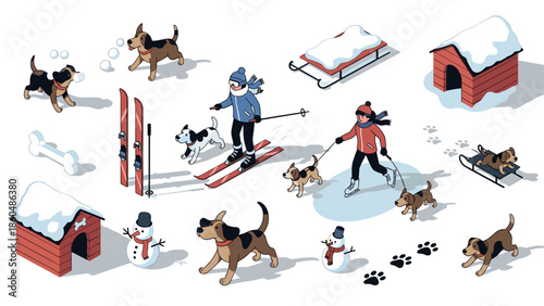 Winter fun activities with dogs and snowmen in an isometric winter wonderland scene