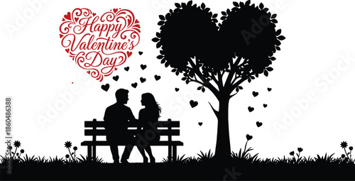 Valentine?s Day Couple Silhouette on Bench Under Heart Tree ? Romantic Love Vector with Decorative Elements