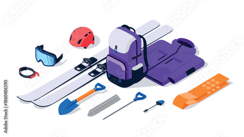 Essential winter gear for skiing in isometric style