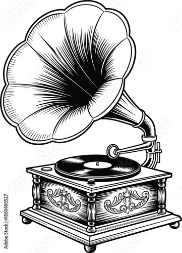 Vintage, gramophone illustration antique phonograph record player music history vector engraving style retro audio device classic design icon decorative detailed