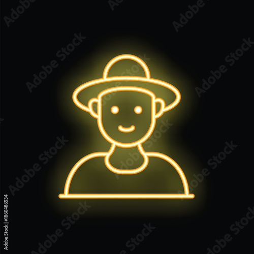Neon yellow glowing outline of a farmer wearing a hat and smiling on a black background