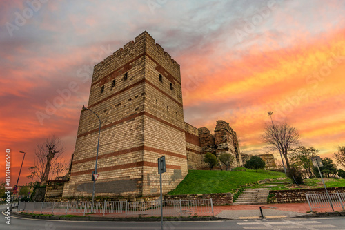 The Theodosian Walls gate view in Istanbul. The Theodosian Walls were built to defense Byzantine Empire.