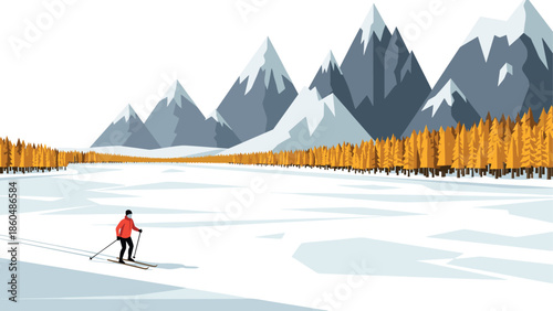 Winter adventure landscape with skier in snowy mountain wilderness scene