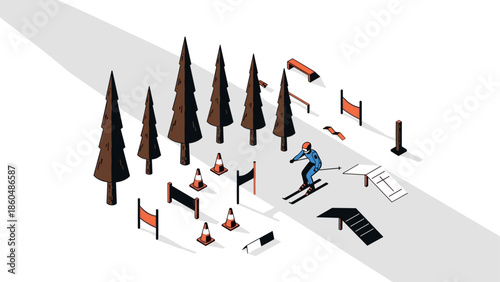 Isometric winter sports scene with skier and slalom course elements in snowy forest
