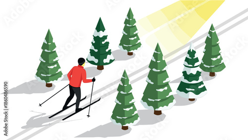 Winter adventure: skiing among snowy pine trees with sunlight in isometric art
