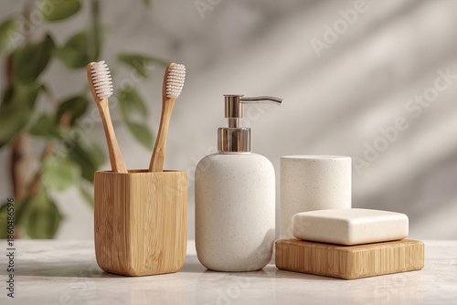 Minimal Wooden Bathroom Essentials – Natural Bamboo Toothbrush Holder, Soap Dish, and Pump Bottle | Organic Spa, Wellness, and Sustainable Living Background