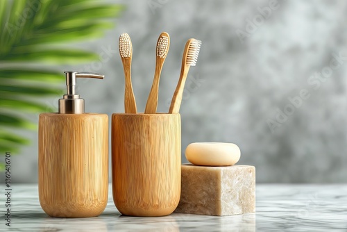 Minimal Wooden Bathroom Essentials – Natural Bamboo Toothbrush Holder, Soap, and Pump Bottle | Organic Spa, Wellness, and Sustainable Living Concept