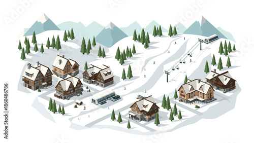 Winter ski resort with chalets and ski lift in snowy mountain landscape