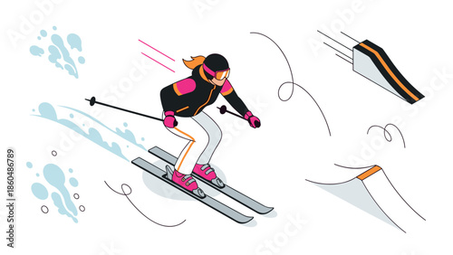 Dynamic skier in motion: vibrant winter sports minimalist art