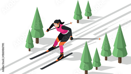 Isometric woman skiing through snowy forest