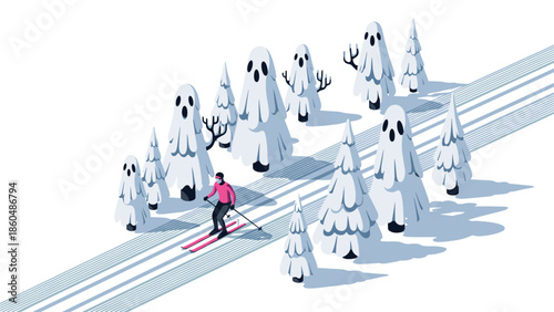 Playful winter scene with skier among ghostly snow-covered trees