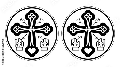 Black and white circular emblems featuring a stylized christian cross, heart, and hands