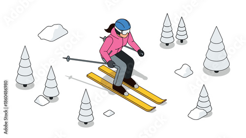 Alpine adventure: enjoying winter sports on a ski slope surrounded by snowy trees