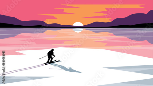 Silhouette of skier at sunrise on frozen lake with vibrant sky