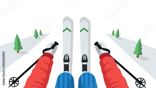 Top view skiing adventure in minimalist winter landscape