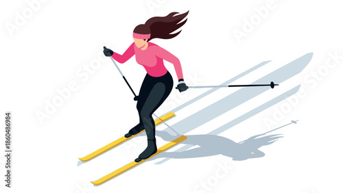 Female snow skier in pink outfit gliding downhill in isometric style on bright winter day