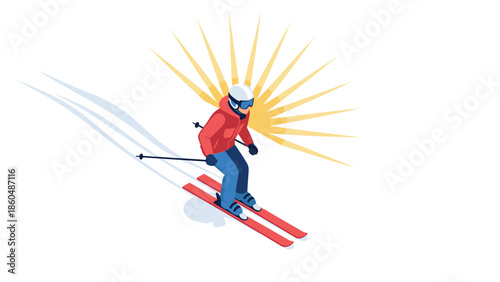 Isometric skier descending slope with sunburst on red skis and blue outfit