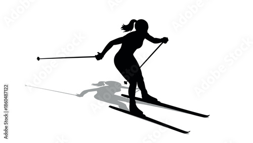 Silhouette of a female cross country skier in motion with shadow on white background