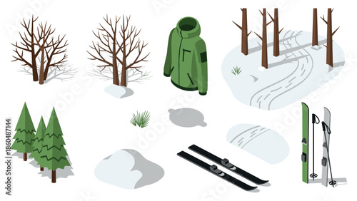 Winter adventure essentials in isometric style: trees, snow, ski gear, and trail