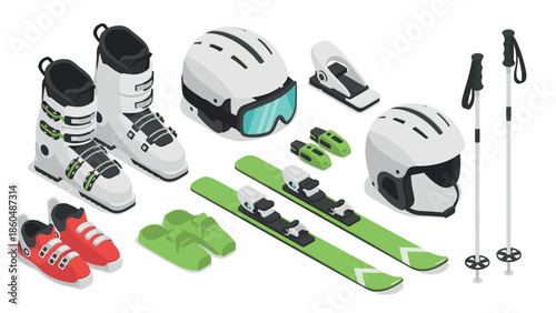 Isometric winter sports gear set with skis, boots, helmets, and poles