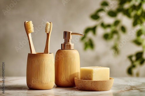 Eco-Friendly Wooden Bathroom Accessories Set – Bamboo Toothbrushes, Soap, and Dispenser | Sustainable Zero Waste Bathroom Still Life Background