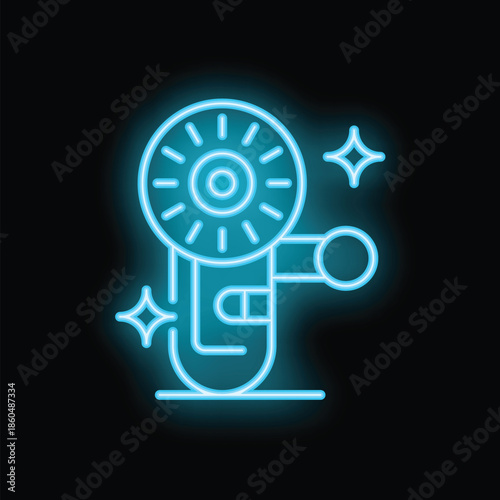 Bright blue neon icon of an angle grinder glowing on a dark background